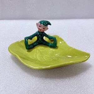 Vintage Elf On A Leaf Ashtray /Trinket Dish Mid-Century Pixie Ceramic